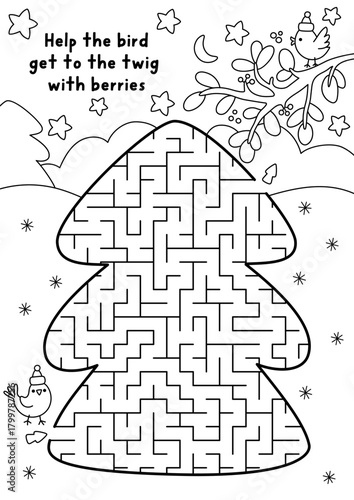 Christmas geometrical black and white maze for kid. New Year preschool printable line activity shaped as fir tree. Winter holiday labyrinth game, puzzle, coloring page with bird going to berry