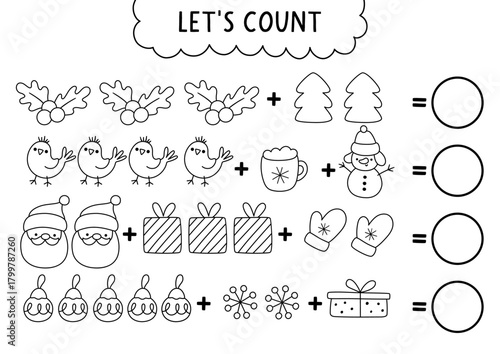 Counting black and white game with Christmas symbols. New Year line math addition activity for children. Simple sum winter holiday coloring page for kids with present, tree, Santa, mitten