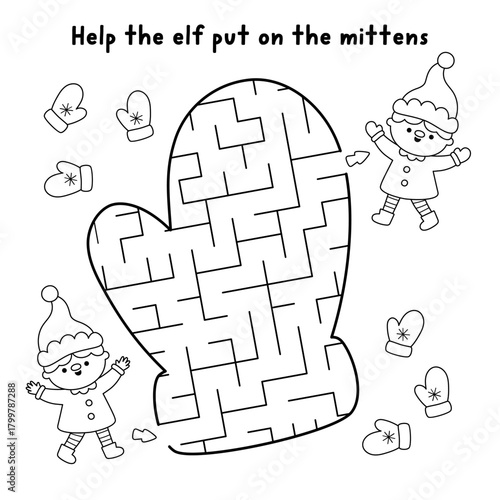 Christmas geometrical black and white maze for kids. New Year preschool printable line activity shaped as mitten. Winter holiday labyrinth game, puzzle, coloring page with elf putting on warm glove