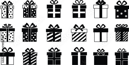 Black and white gift box icon collection with ribbons and bows, decorative present package silhouette set for celebration and holiday design