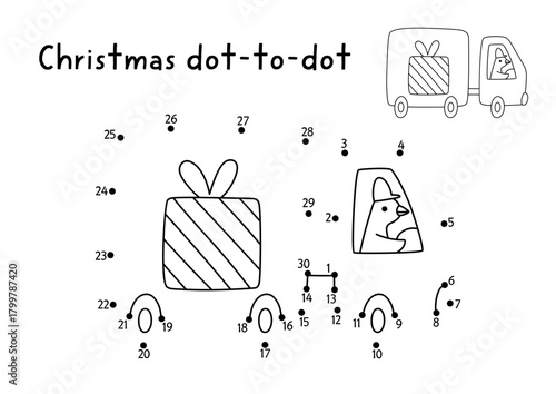 Christmas vector dot-to-dot and color activity with cute goose on truck with presents. Black and white New Year connect dots game for children with holiday symbol. Winter line printable worksheet