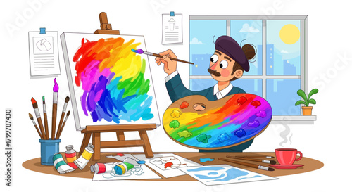 Inspired male painter in a sunlit studio meticulously applies vibrant colors from his palette to create a rainbow masterpiece on canvas