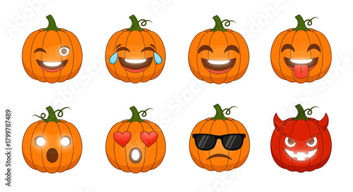 Expressive Pumpkin Emojis: A Colorful Halloween Vector Set with Diverse Facial Expressions