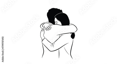 Embrace of Comfort and Love: Minimalist Black and White Line Art Vector Illustration of a Man and Woman Hugging Tightly, Showing Support, Friendship, or Romantic Affection.
