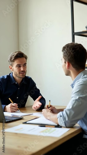 Planning for future. Young couple sit at table with professional legal or financial advisor business consultant realtor discuss loan offer investment opportunit.