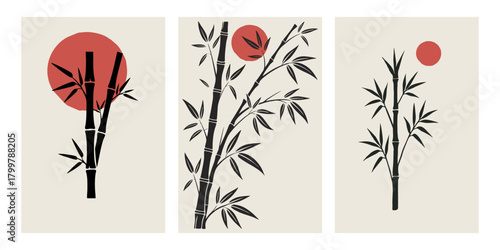 Bamboo silhouette vector set. Minimal Asian art with red sun, zen nature, oriental plant illustration perfect for Japan, culture, botanical, and decorative design