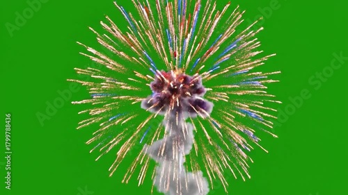 Rocket launch sequence on green screen with vibrant explosions and colorful fireworks displays