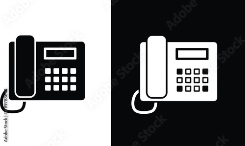 Black and white office landline telephone icon illustration, business communication device vector design, minimal flat symbol for contact and technology concept