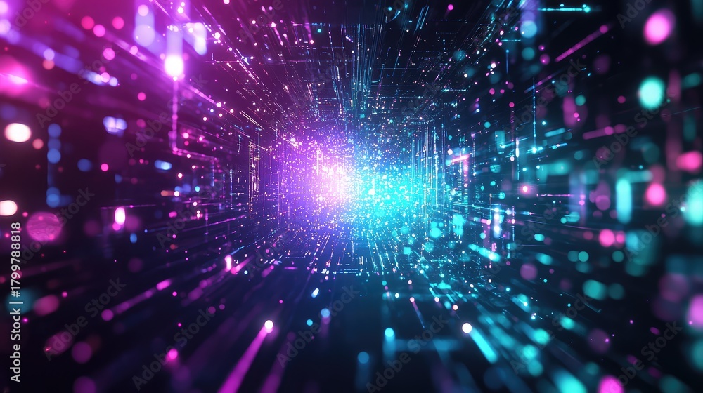 Fototapeta premium Digital data flowing tunnel abstract background with glowing particles