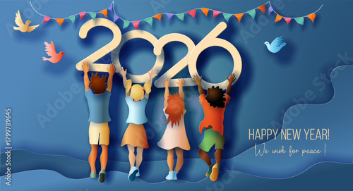 Happy cute children celebrating 2026 New Year, greeting card