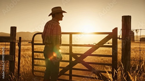 Rancher in silhouette opening a metal farm gate during gorgeous evening sunset.