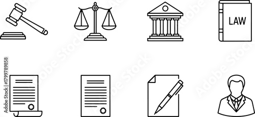 Legal icons presenting justice and law, featuring scales, gavel, courthouse, and documents, ideal for legal professionals and law firms needing crisp graphics