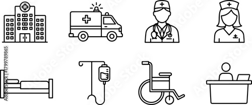 Modern Healthcare Icons: Hospital, Ambulance, Doctor, Nurse, Bed, IV Drip, Wheelchair, Receptionist - Essential for Healthcare Design Projects, Originally Vector