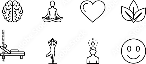 Mindfulness and wellness icons represent health, relaxation, and balance for a holistic lifestyle, promoting a sense of peace and well-being