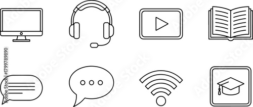 Online education vector icons promote remote learning, digital courses, webinars, and virtual classrooms for accessible knowledge and skill development
