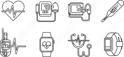 Essential medical monitoring tools for health and wellness, featuring heart rate, blood pressure, glucose levels, temperature, and vital signs tracking