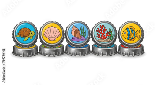 Whimsical collection of illustrated sea creatures atop quirky bottle cap pedestals arranged