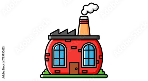 Whimsical factory illustration with a red brick structure and billowing smoke stack