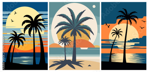 Tropical beach sunset vector set. Palm trees silhouette, ocean horizon, summer vacation, island paradise, and sunrise illustration perfect for travel and nature design