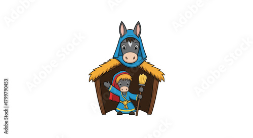 Whimsical cartoon illustration of a donkey child in a manger with a donkey parent
