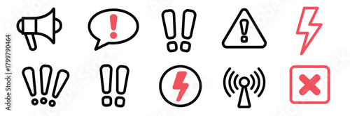 Doodle warning illustration with red exclamation marks, hand-drawn alert symbols, caution graphics and toxic hazard icons ideal for notification designs and safety themed visuals.