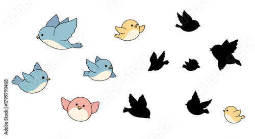 Whimsical Flight: An Assortment of Animated Birds and Silhouettes Displaying Movement and Grace