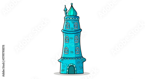 Whimsical turquoise tower with intricate details against a pristine white canvas