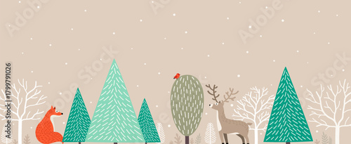 Cute Christmas characters against a backdrop of fir trees and trees. Winter forest in snowy weather, Christmas design