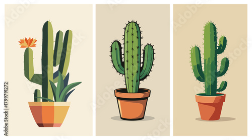 Cactus plant illustration set. Potted cactus, desert succulent, botanical home decor, and green indoor plant vector perfect for gardening, nature, and minimalist design