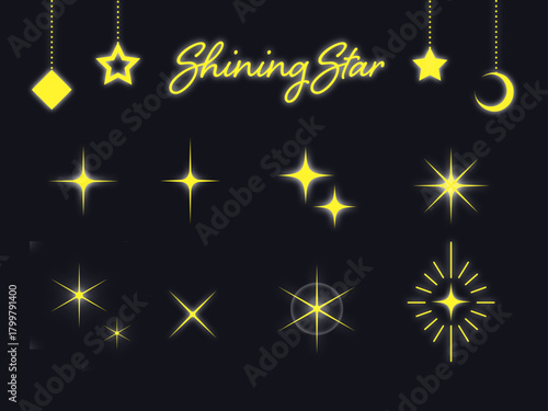 夜空に浮かぶ金色の星が光を放つキラキラした幻想的な光のデザイン素材
