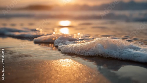 Close-up of foamy ocean wave illuminated by golden sunset reflections on wet sand