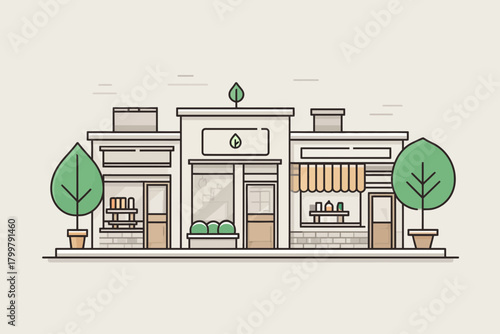 Eco friendly storefronts and local market shops in minimalist vector style