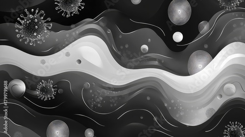 Virus cells flowing in abstract grayscale microscopic environment