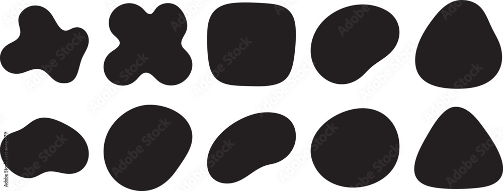 Fototapeta premium Collection of ten diverse abstract organic black shapes and blobs on a white background