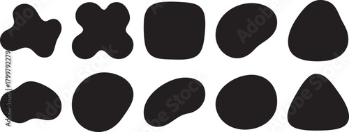 Collection of ten diverse abstract organic black shapes and blobs on a white background