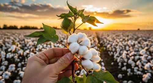Golden Sunset Over a Vast Field of Ripe Cotton Bolls Ready for Harvest