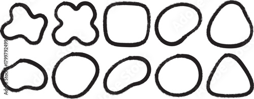 Collection of ten hand drawn organic abstract shapes with thick black outlines on a white background
