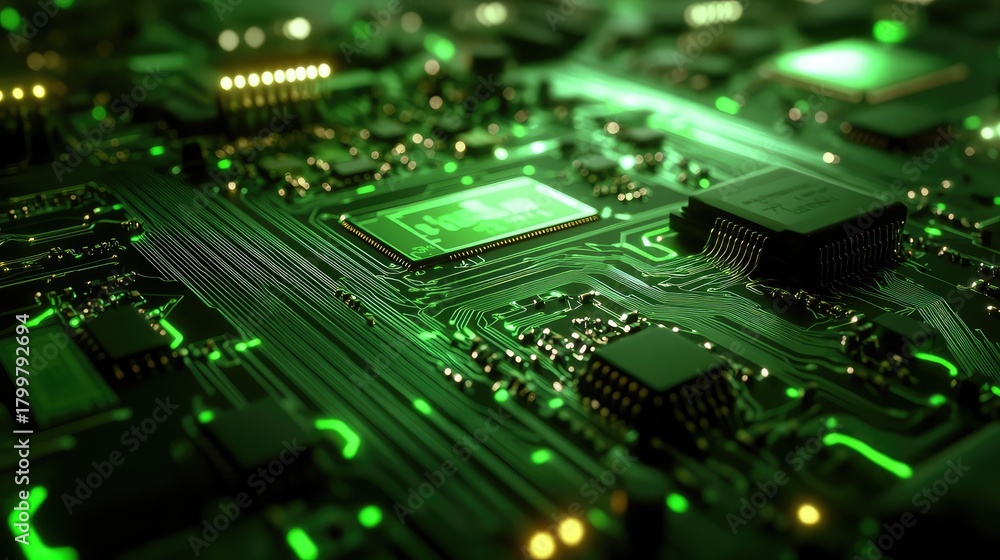 Obraz premium Electronic circuit board processing digital data in green light