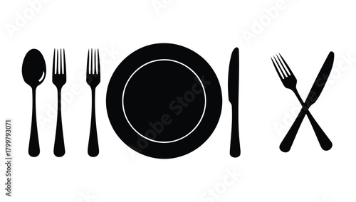 Dining Plate Icon set. with Spoon and Fork Minimal Black Vector Symbol for Restaurant, Food Service Cooking Meal and Kitchen