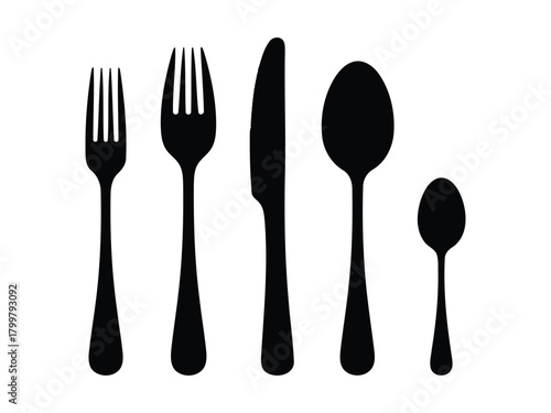 Kitchen Cutlery Silhouettes Set. Spoon, Fork, and Knife Icons. Clean Minimal Black Vector Style for Cooking Dining and Restaurant Design