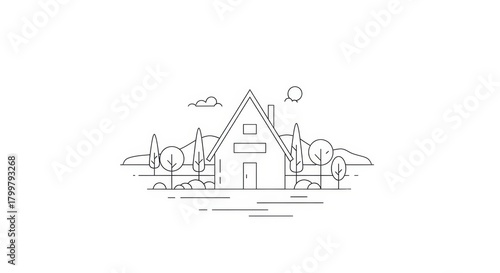 Linear illustration of a modern minimalist house in a serene landscape setting
