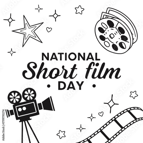 National Short Film Day Vector Illustration, Filmmaking, Film Reel, Clapperboard, and Cinema Celebration Isolated on White Background