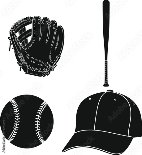 Baseball equipment silhouette including glove ball bat and cap on white background