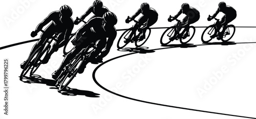 Cyclists racing on a track in a dynamic black and white illustration