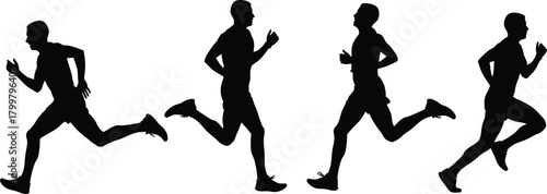 Silhouette of four athletes running in a line against a white background