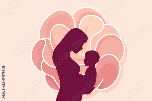 A tender silhouette of a mother embracing her baby, set against a soft pink, layered floral background, symbolizing love, care and the bond of motherhood.