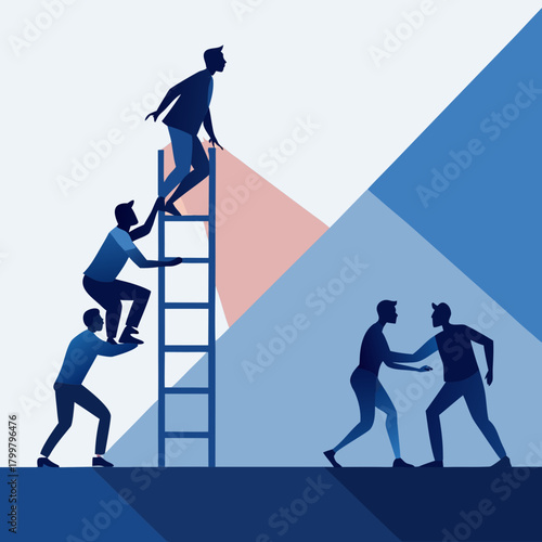 Teamwork and collaboration climbing ladder silhouette isolated on white background
