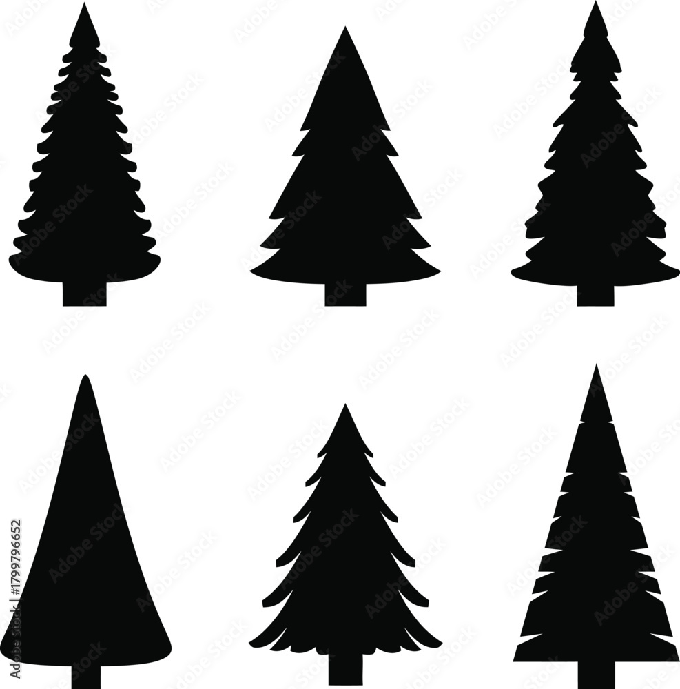 Obraz premium Collection of six stylized black silhouette christmas trees on a white background