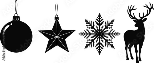 Collection of black christmas ornaments including a ball star snowflake and reindeer silhouette