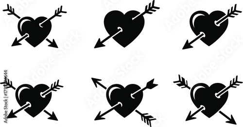 Collection of six black heart icons pierced by arrows in a vintage tattoo style